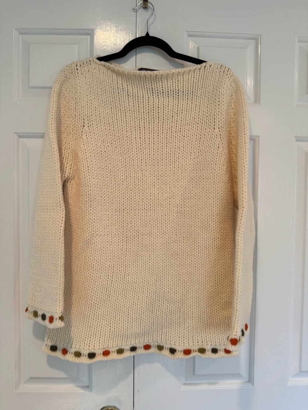Cream Knit Women's Sweater with Pom Trim